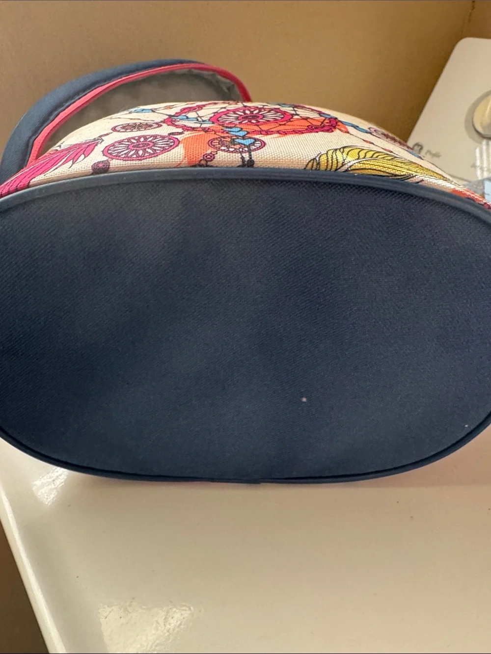 Navy and Multicolor Printed Cosmetic Train Case with Coral Trim